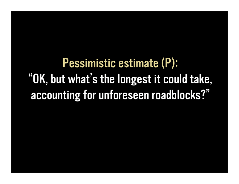 Slide 59: Pessimistic estimate (P): 'OK, but what's the longest it could take, accounting for unforeseen roadblocks?'